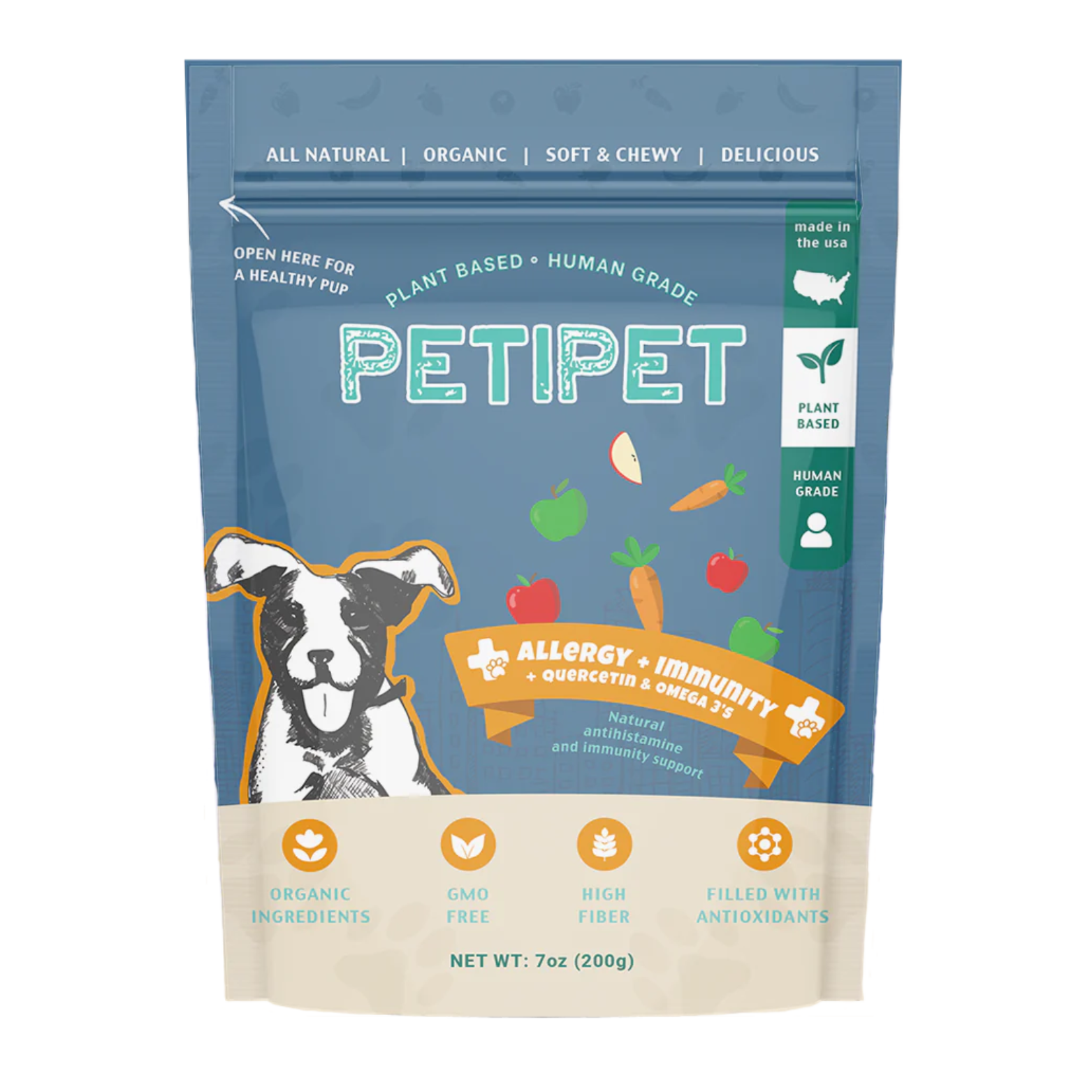 Petipet Allergy + Immunity with Quercetin & Omega 3 Apple & Carrot Flavored Soft Chew Allergy Supplement for Dogs, 7-oz bag