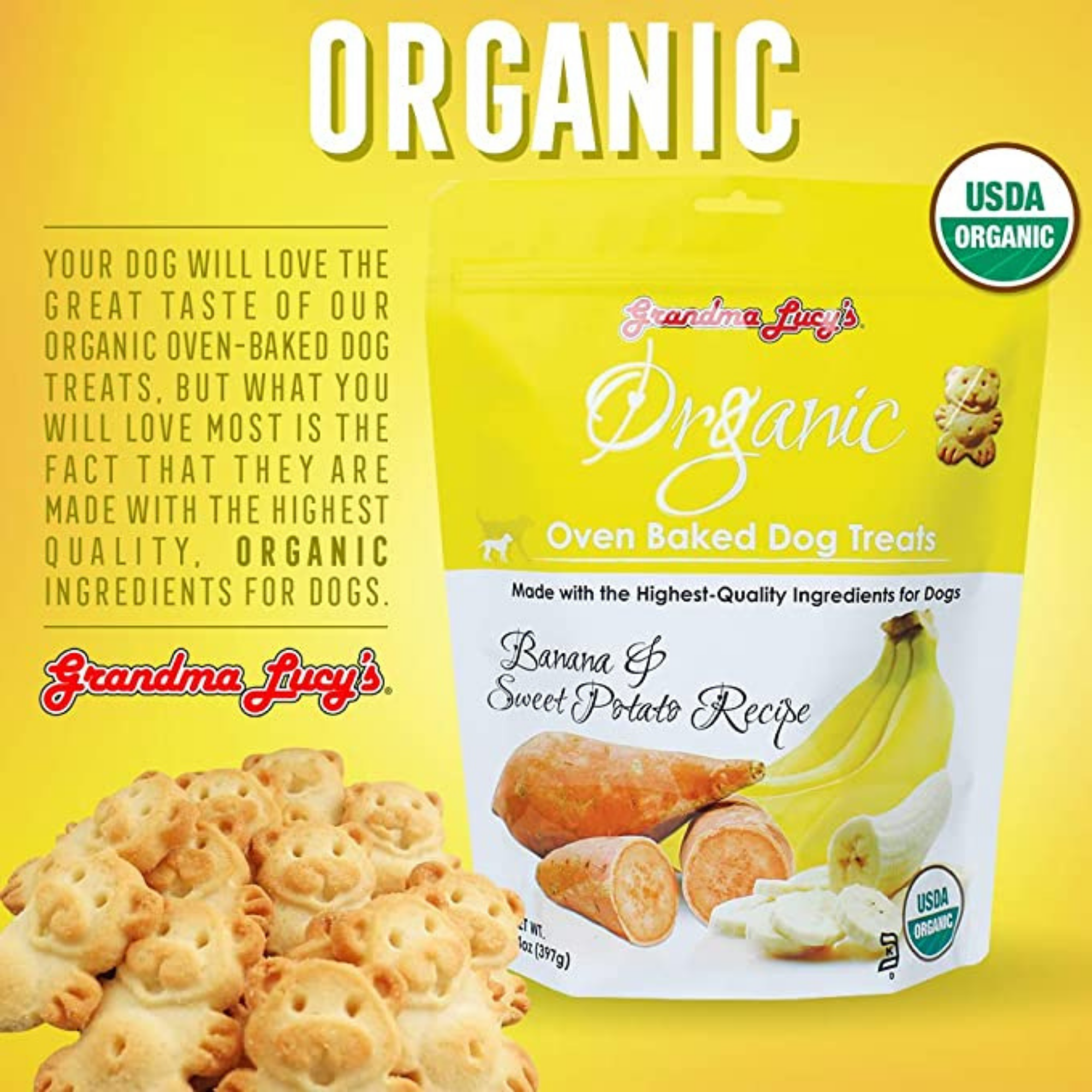 Grandma Lucy's Organic Banana & Sweet Potato Oven Baked Dog Treats, 14-oz bag - Mutts & Co.