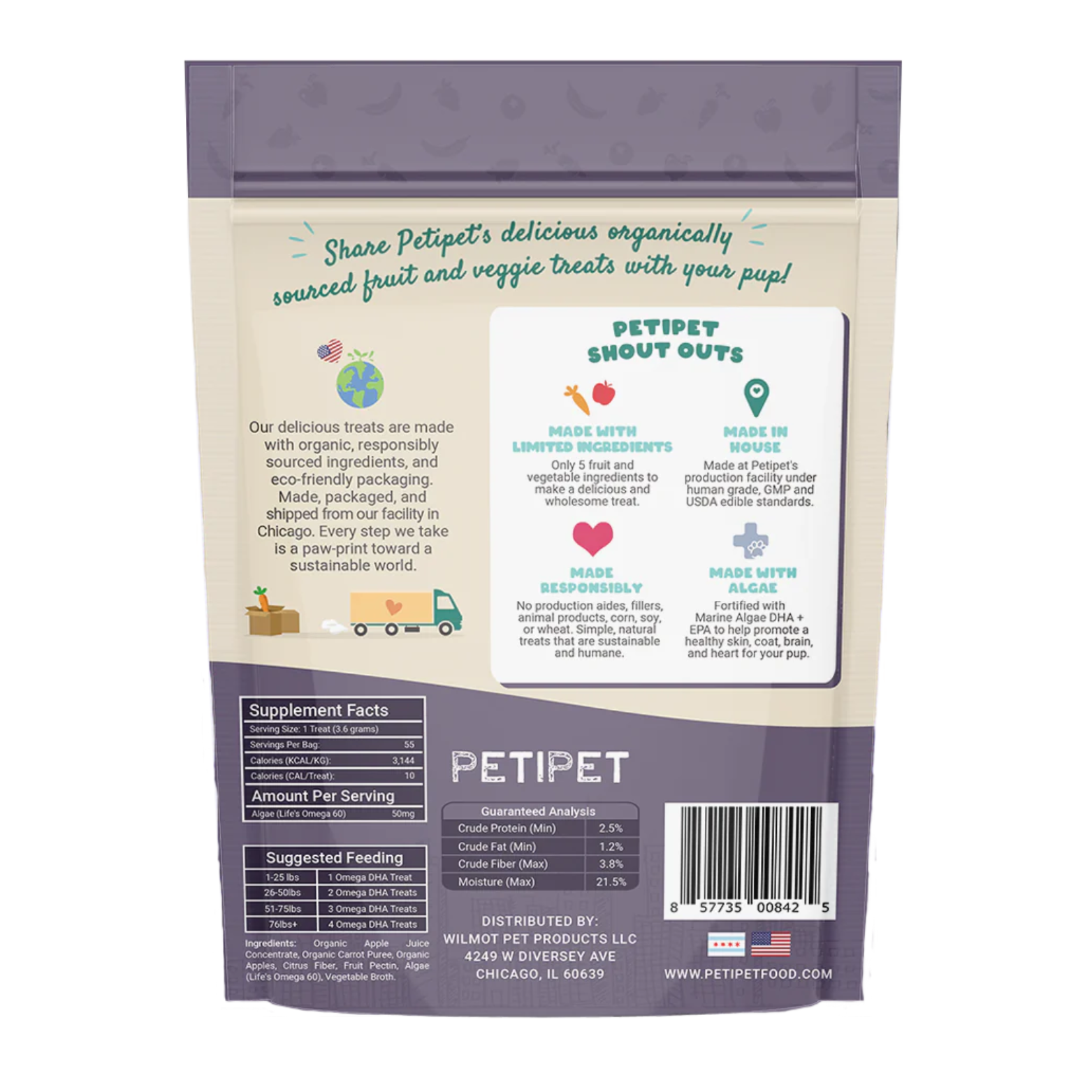 Petipet Omega DHA Bites with Marine Algae DHA + EPA Apple & Carrot Flavored Soft Chew Brain & Heart Health Supplement for Dogs, 7-oz bag