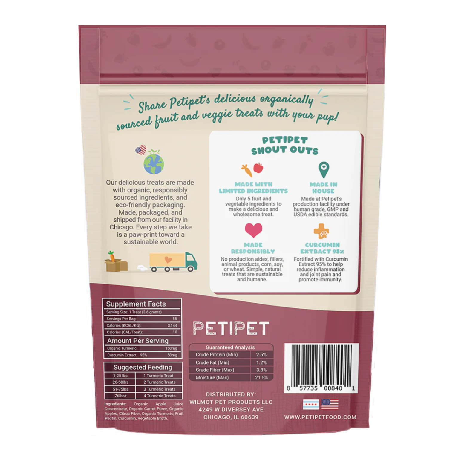 Petipet Turmeric Bites + Curcumin Apple & Carrot Flavored Soft Chew Anti-Inflammatory Supplement for Dogs, 7-oz bag
