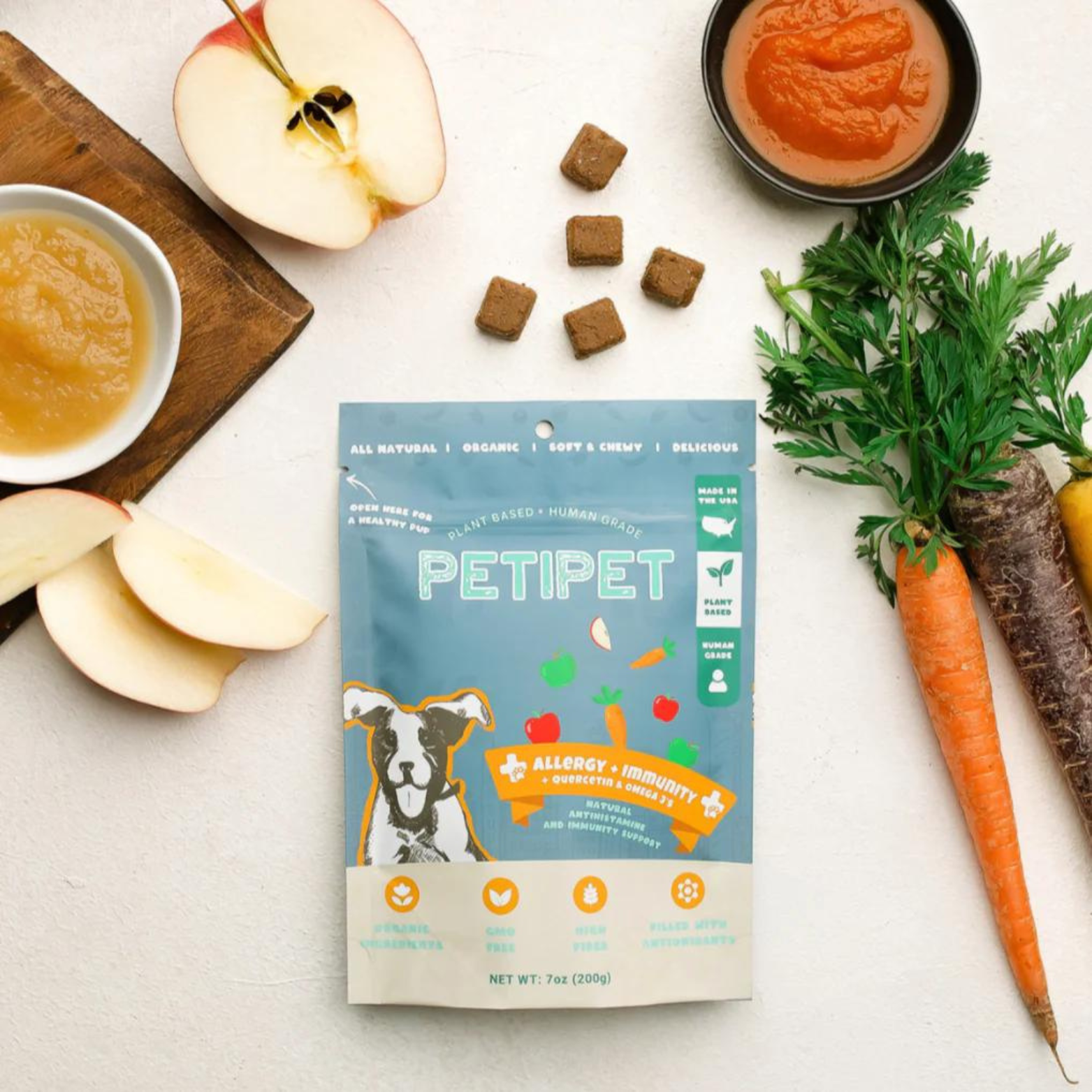 Petipet Allergy + Immunity with Quercetin & Omega 3 Apple & Carrot Flavored Soft Chew Allergy Supplement for Dogs, 7-oz bag