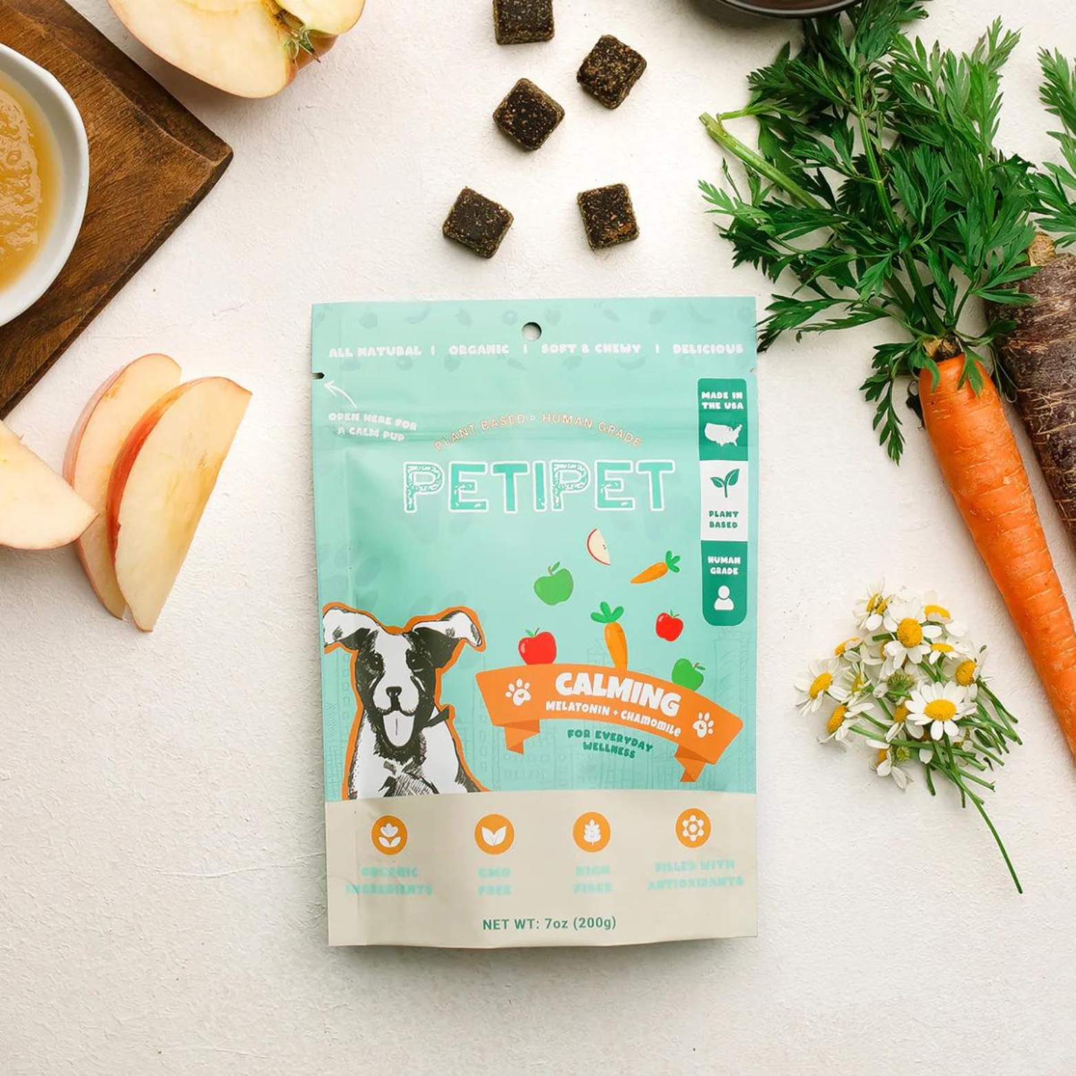 Petipet Calming Bites with Melatonin + Chamomile Apple & Carrot Flavored Soft Chew Calming Supplement for Dogs, 7-oz bag