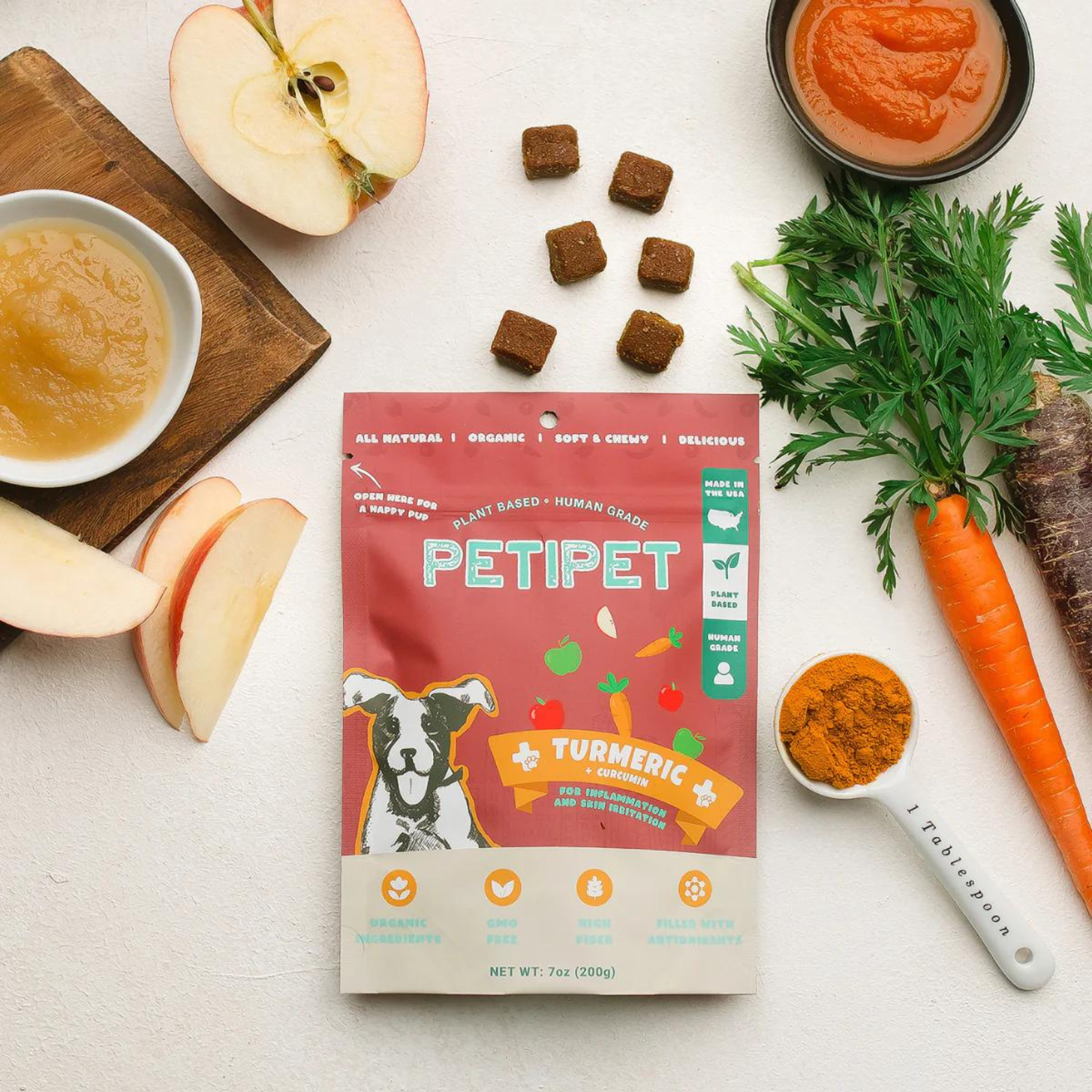 Petipet Turmeric Bites + Curcumin Apple & Carrot Flavored Soft Chew Anti-Inflammatory Supplement for Dogs, 7-oz bag