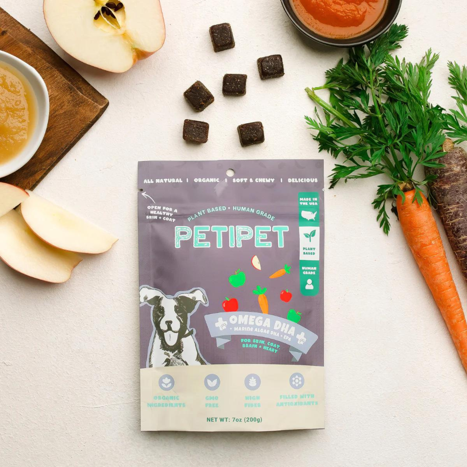 Petipet Omega DHA Bites with Marine Algae DHA + EPA Apple & Carrot Flavored Soft Chew Brain & Heart Health Supplement for Dogs, 7-oz bag