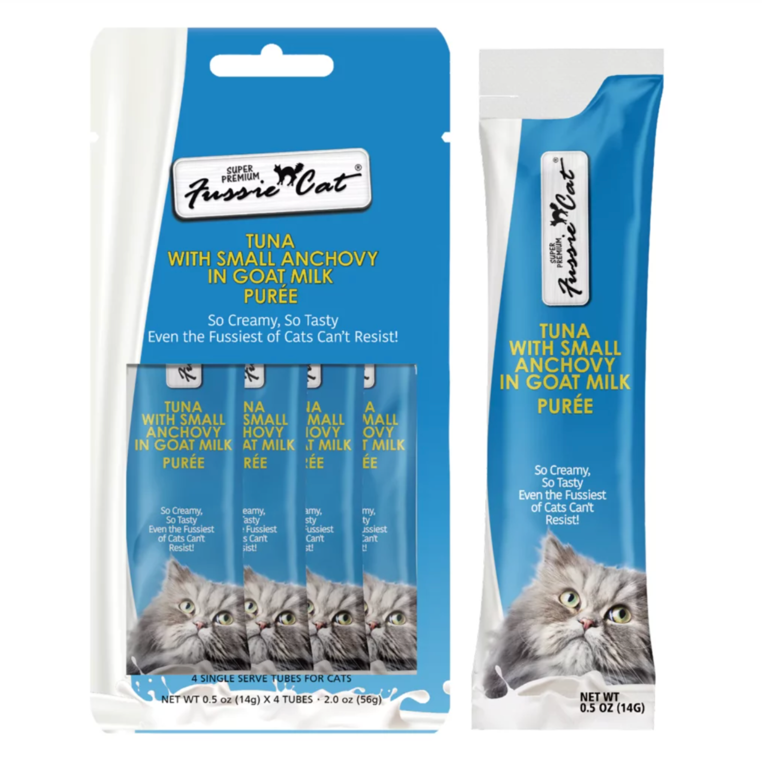 Fussie Cat Goat Milk Puree Cat Treats Tuna with Anchovies, 2 oz