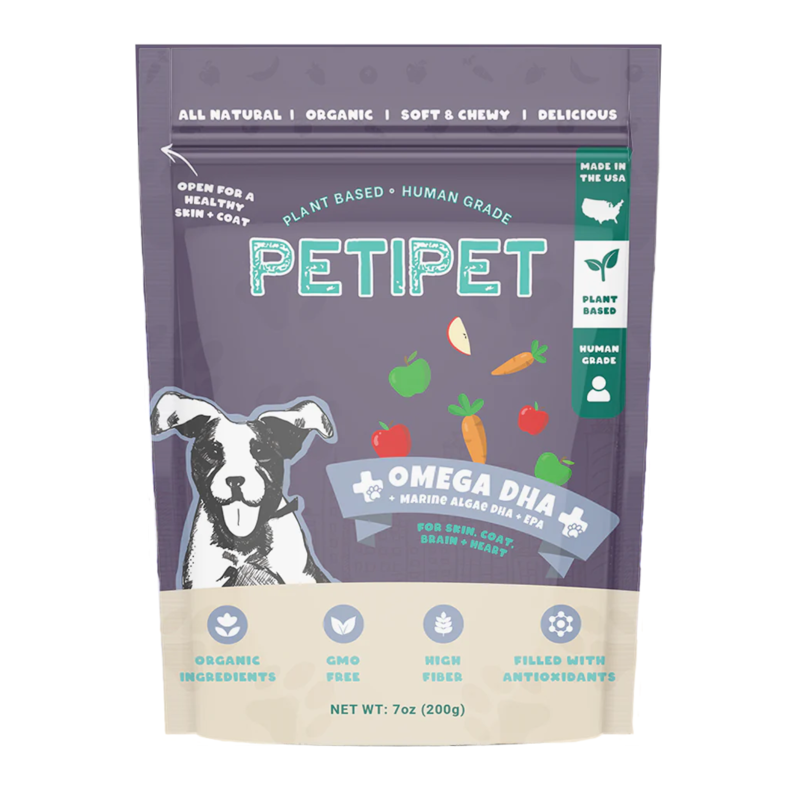 Petipet Omega DHA Bites with Marine Algae DHA + EPA Apple & Carrot Flavored Soft Chew Brain & Heart Health Supplement for Dogs, 7-oz bag