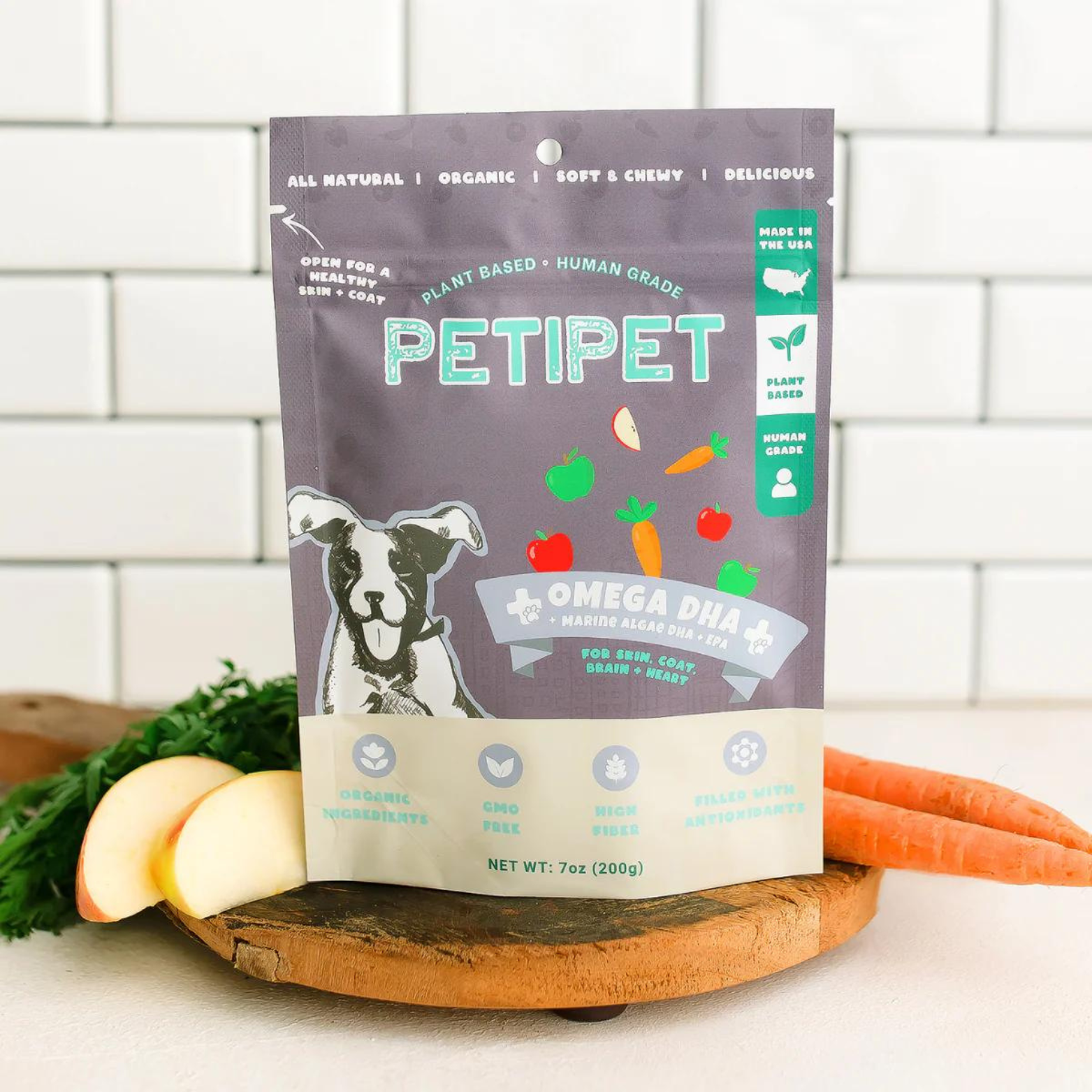 Petipet Omega DHA Bites with Marine Algae DHA + EPA Apple & Carrot Flavored Soft Chew Brain & Heart Health Supplement for Dogs, 7-oz bag