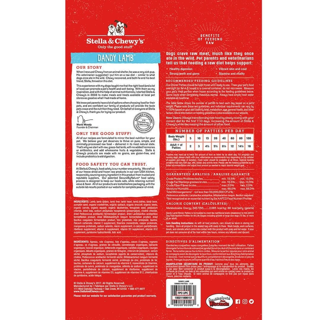 Stella & Chewy's Raw Frozen Dandy Lamb Dinner Patties Dog Food - Mutts & Co.